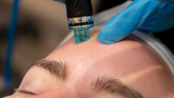 HydraFacial cihazının uygulama başlığının cilt üzerinde çalıştığı bir resim